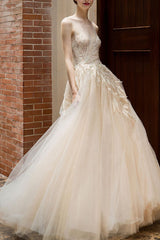 Wedding Dress Princess Silhouette Long Jewel Neck Sleeveless Lace Tulle Bridal Gowns-Dbrbridal