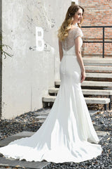 Wedding Dress Short Sleeves Illusion Neck Beaded Mermaid Bridal Gowns-Dbrbridal