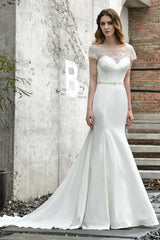 Wedding Dress Short Sleeves Illusion Neck Beaded Mermaid Bridal Gowns-Dbrbridal