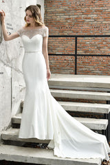 Wedding Dress Short Sleeves Illusion Neck Beaded Mermaid Bridal Gowns-Dbrbridal