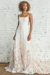 Wedding Dress With Train A-line Sleeveless Square Neck Lace Bridal Gowns-Dbrbridal