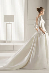 Wedding Dresses A-Line Chapel Bateau Neck Train 3/4 Length Sleeves Bows Satin Fabric White Bridal Gowns-Dbrbridal
