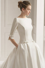 Wedding Dresses A-Line Chapel Bateau Neck Train 3/4 Length Sleeves Bows Satin Fabric White Bridal Gowns-Dbrbridal