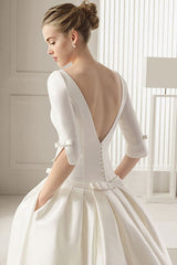 Wedding Dresses A-Line Chapel Bateau Neck Train 3/4 Length Sleeves Bows Satin Fabric White Bridal Gowns-Dbrbridal