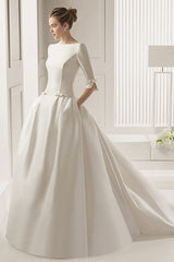 Wedding Dresses A-Line Chapel Bateau Neck Train 3/4 Length Sleeves Bows Satin Fabric White Bridal Gowns-Dbrbridal