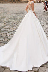 Wedding Dresses A-line Chic V-Neck Half Sleeve Long Lace Appliqued Satin Retro Bridal Gown With Train-Dbrbridal