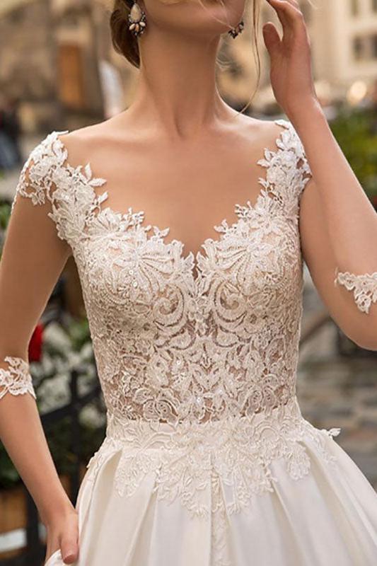 wedding dresses A-line V-Neck half sleeve floor length lace appliqued satin Retro bridal gown with train Dbrbridal wedding dresses A-line V-Neck half sleeve floor length lace appliqued satin Retro bridal gown with train Dbrbridal