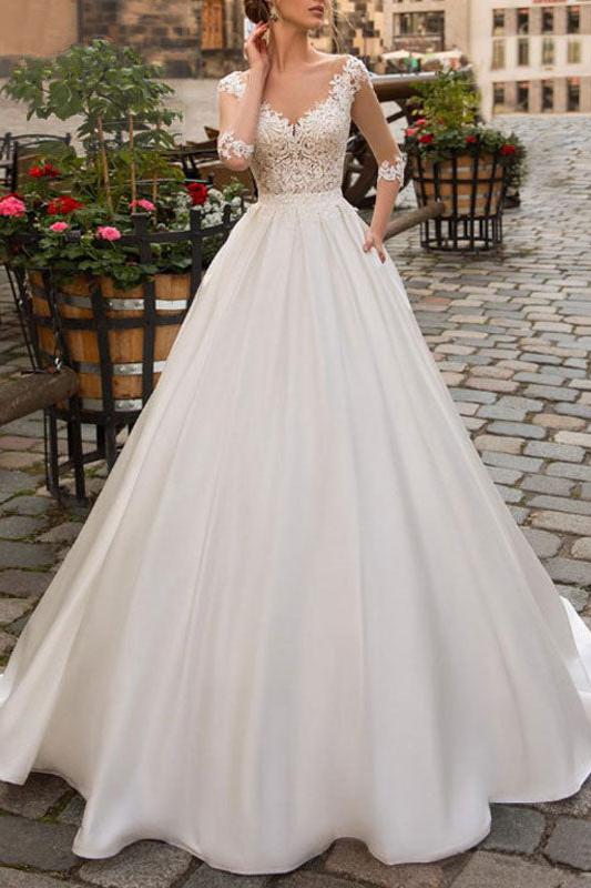 wedding dresses A-line V-Neck half sleeve floor length lace appliqued satin Retro bridal gown with train Dbrbridal wedding dresses A-line V-Neck half sleeve floor length lace appliqued satin Retro bridal gown with train Dbrbridal