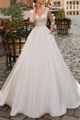 Wedding Dresses A-line Chic V-Neck Half Sleeve Long Lace Appliqued Satin Retro Bridal Gown With Train-Dbrbridal