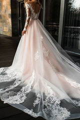 Wedding Dresses A-line Chic V-Neck Long Sleeve Lace Applique Tulle Bridal Gowns With Chapel Train-Dbrbridal