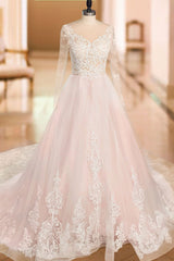 Wedding Dresses A-line Chic V-Neck Long Sleeve Lace Applique Tulle Bridal Gowns With Chapel Train-Dbrbridal