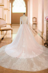 Wedding Dresses A-line Chic V-Neck Long Sleeve Lace Applique Tulle Bridal Gowns With Chapel Train-Dbrbridal