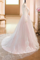 Wedding Dresses A-line Chic V-Neck Long Sleeve Lace Applique Tulle Bridal Gowns With Chapel Train-Dbrbridal