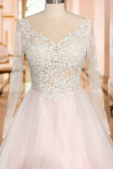 Wedding Dresses A-line Chic V-Neck Long Sleeve Lace Applique Tulle Bridal Gowns With Chapel Train-Dbrbridal