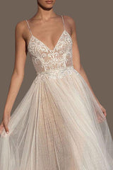 Wedding Dresses A-line Chic V-Neck Sleeveless Straps Beaded Long Polka Dot Tulle Bridal Gowns-Dbrbridal