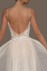 Wedding Dresses A-line Chic V-Neck Sleeveless Straps Beaded Long Polka Dot Tulle Bridal Gowns-Dbrbridal