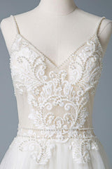 Wedding Dresses A-line Chic V-Neck Sleeveless Straps Beaded Long Polka Dot Tulle Bridal Gowns-Dbrbridal