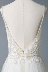 Wedding Dresses A-line Chic V-Neck Sleeveless Straps Beaded Long Polka Dot Tulle Bridal Gowns-Dbrbridal