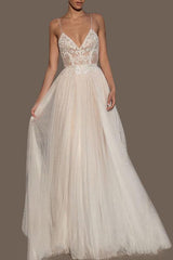 Wedding Dresses A-line Chic V-Neck Sleeveless Straps Beaded Long Polka Dot Tulle Bridal Gowns-Dbrbridal