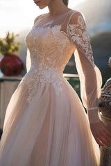Wedding Dresses A-line Illusion Neck Long Sleeve Long Tulle Pleated Bridal Dress With Train-Dbrbridal