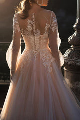 Wedding Dresses A-line Illusion Neck Long Sleeve Long Tulle Pleated Bridal Dress With Train-Dbrbridal