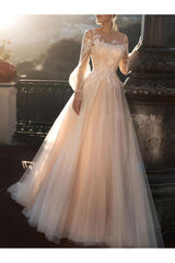Wedding Dresses A-line Illusion Neck Long Sleeve Long Tulle Pleated Bridal Dress With Train-Dbrbridal