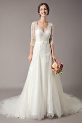 Wedding Dresses A-line Ivory Chic V-Neck Lace Tulle Half Sleeve Bridal Dress With Train-Dbrbridal