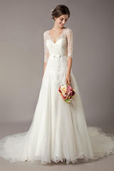 Wedding Dresses A-line Ivory Chic V-Neck Lace Tulle Half Sleeve Bridal Dress With Train-Dbrbridal