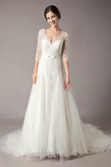 Wedding Dresses A-line Ivory Chic V-Neck Lace Tulle Half Sleeve Bridal Dress With Train-Dbrbridal