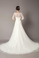 Wedding Dresses A-line Ivory Chic V-Neck Lace Tulle Half Sleeve Bridal Dress With Train-Dbrbridal