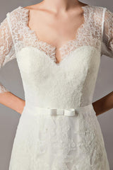 Wedding Dresses A-line Ivory Chic V-Neck Lace Tulle Half Sleeve Bridal Dress With Train-Dbrbridal
