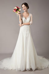 Wedding Dresses A-line Ivory Chic V-Neck Lace Tulle Half Sleeve Bridal Dress With Train-Dbrbridal