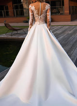 Wedding Dresses Ball-Gown Illusion Neck Long Sleeves Satin Lace Chapel Train Pleated Lace-Dbrbridal