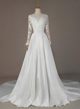 Wedding Dresses Ball-Gown Illusion Neck Long Sleeves Satin Lace Chapel Train Pleated Lace-Dbrbridal