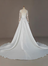 Wedding Dresses Ball-Gown Illusion Neck Long Sleeves Satin Lace Chapel Train Pleated Lace-Dbrbridal