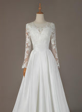 Wedding Dresses Ball-Gown Illusion Neck Long Sleeves Satin Lace Chapel Train Pleated Lace-Dbrbridal