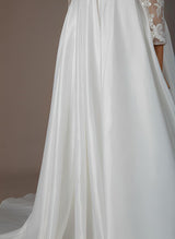 Wedding Dresses Ball-Gown Illusion Neck Long Sleeves Satin Lace Chapel Train Pleated Lace-Dbrbridal