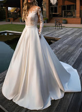 Wedding Dresses Ball-Gown Illusion Neck Long Sleeves Satin Lace Chapel Train Pleated Lace-Dbrbridal