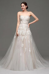 Wedding Dresses Champagne Tulle Strapless Sweatheart Lace Sash Bridal Gown-Dbrbridal