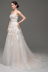 Wedding Dresses Champagne Tulle Strapless Sweatheart Lace Sash Bridal Gown-Dbrbridal