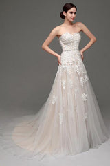 Wedding Dresses Champagne Tulle Strapless Sweatheart Lace Sash Bridal Gown-Dbrbridal