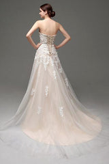 Wedding Dresses Champagne Tulle Strapless Sweatheart Lace Sash Bridal Gown-Dbrbridal