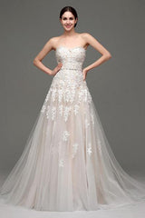 Wedding Dresses Champagne Tulle Strapless Sweatheart Lace Sash Bridal Gown-Dbrbridal