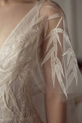 Wedding Dresses Column Sihouette Half Sleeve Chic V-Neck Long Bamboo Leaf Lace Bridal Gown-Dbrbridal