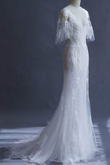 Wedding Dresses Column Sihouette Half Sleeve Chic V-Neck Long Bamboo Leaf Lace Bridal Gown-Dbrbridal