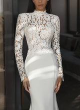 Wedding Dresses Elegant Lace Mermaid Fitted High Neck Long Sleeves Sweep Train-Dbrbridal