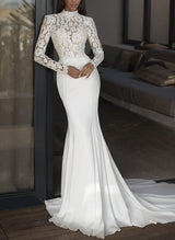 Wedding Dresses Elegant Lace Mermaid Fitted High Neck Long Sleeves Sweep Train-Dbrbridal