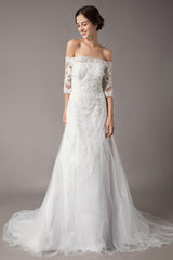 Wedding Dresses Ivory Lace Off Shoulder Half Sleeve Sequin Applique Bridal Dress With Train Exclusive-Dbrbridal