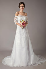 Wedding Dresses Ivory Lace Off Shoulder Half Sleeve Sequin Applique Bridal Dress With Train Exclusive-Dbrbridal