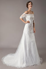Wedding Dresses Ivory Lace Off Shoulder Half Sleeve Sequin Applique Bridal Dress With Train Exclusive-Dbrbridal